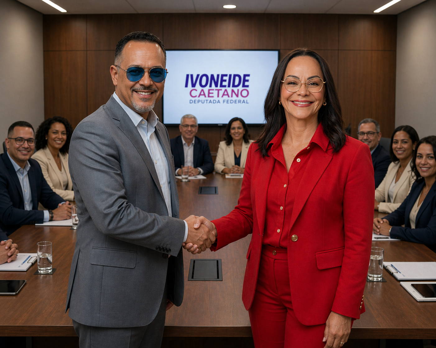 Sandro Alex da Paixão e Ivoneide Caetano em reunião de equipe